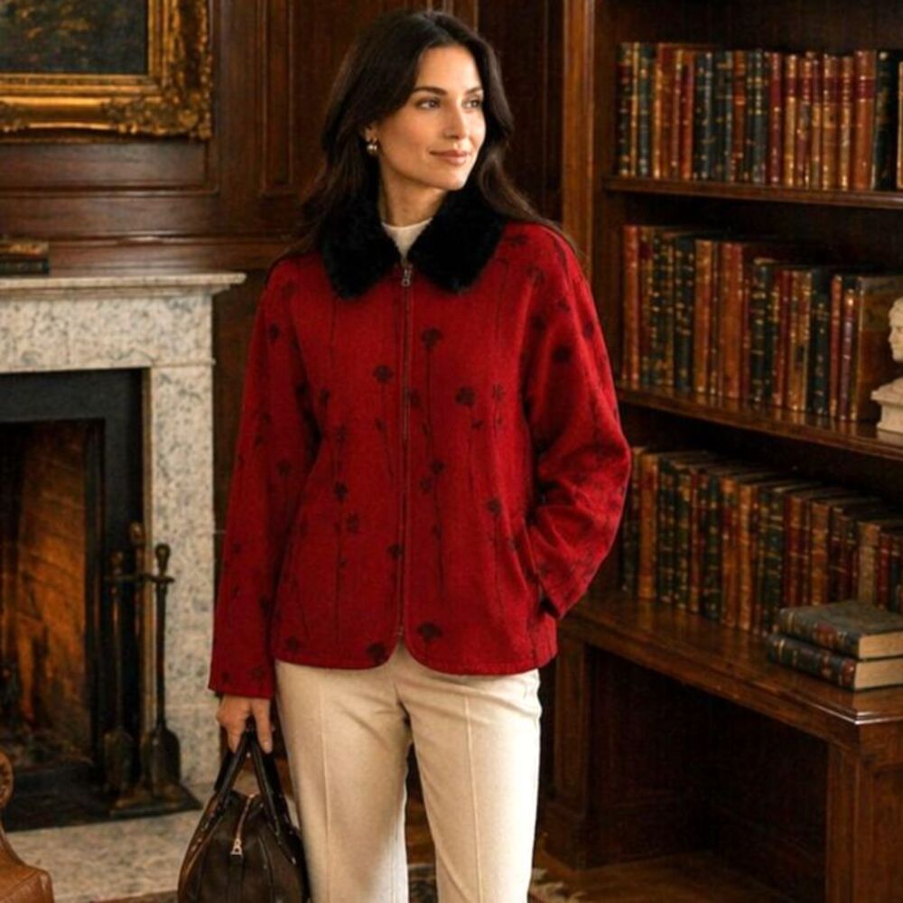 Herman Geist Vintage Wool Jacket Size Large Red Floral Faux Fur Collar Full Zip